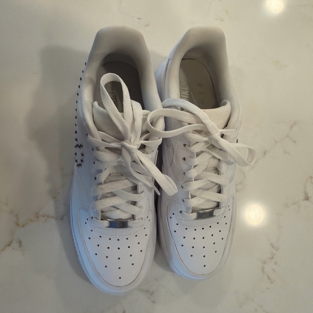 Nike Air Force 1 White Leather Studded Women's Sneaker - Picture 5 of 6